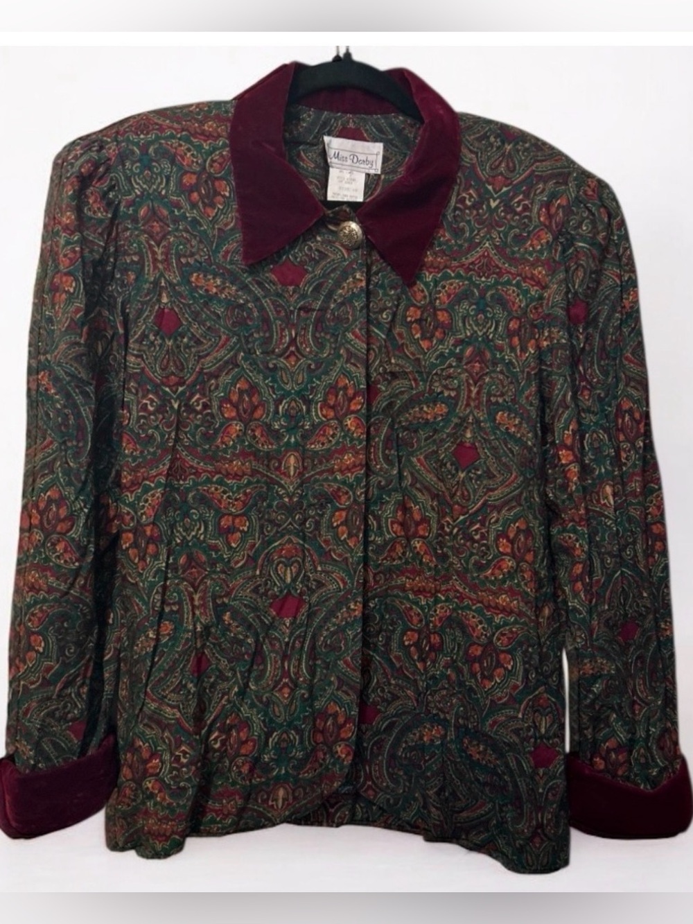 Vintage Paisley Velour Collar Blouse M Med Grandmillennial